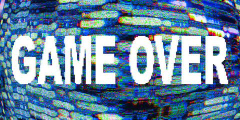 Game over message. End signal. Pixel static noise. Glitch pattern.