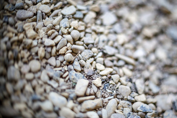 River or sea stone background. Set of all kinds of stones. Part of image is blurred.