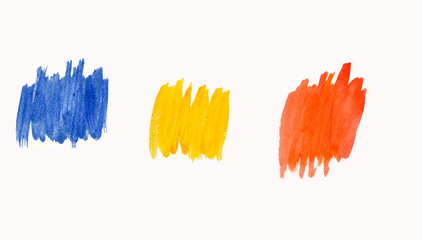 strokes of watercolor paint of blue, yellow, and orange color on a white background. For the design of cards, fabric.