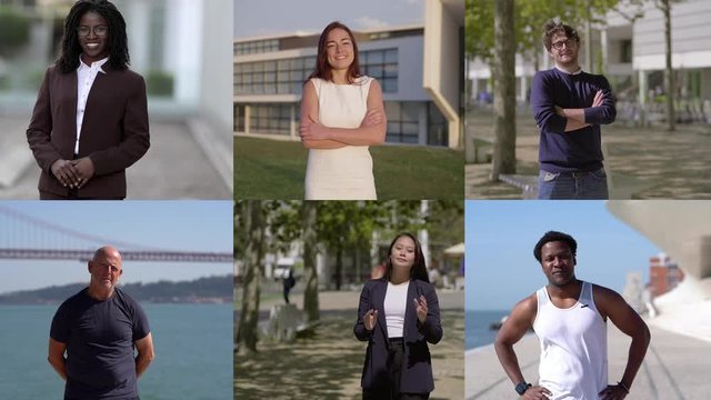 Group Of Smiling Confident People Standing On Street. Multiscreen Montage, Split Screen Collage. Independent Personality Concept