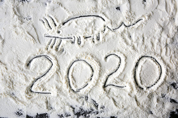 New year 2020. Numbers with a mouse. Snowy mood. Festive concept. Children drawings.