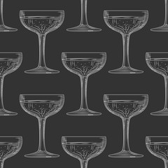 Saucer glass seamless pattern. Hand drawn champagne glass sketch.