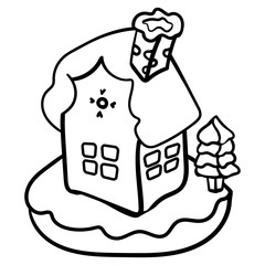Christmas Gingerbread House Coloring page or book. Vector gingerbread house. Christmas cookies and candy. - Vector.