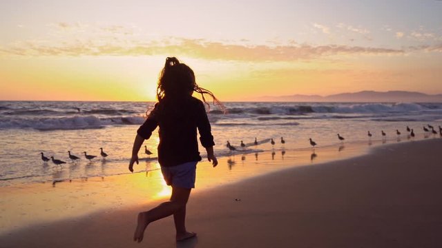 Young Girl Chasing Birds on the Beach at Sunset