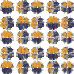Seamless vector doodle abstract pattern. Symmetric circles made of ocher and blue hand drawn lines on white background. 