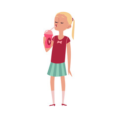 Caucasian cute girl eating ice cream flat cartoon vector illustration isolated.