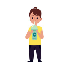 Caucasian cute boy drinking cold beverage outdoor flat cartoon vector illustration.