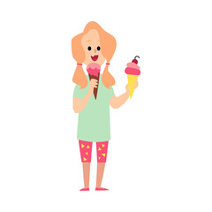 Happy girl holding two ice cream cones and eating.
