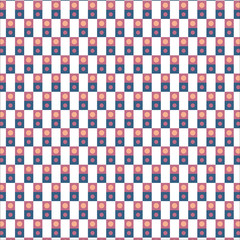 Seamless checkered pattern with vector diagonal violet and pink rectangles with dots on white background. 
