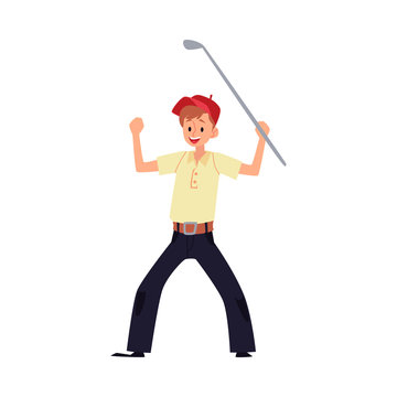 A man golfer rejoices in victory and raised his hands with a stick or club.