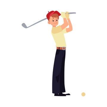 Boy the little sportsman and golfer flat cartoon vector illustration isolated.