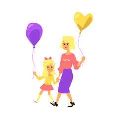 Happy mother and daughter on a walk in the park flat vector illustration isolated.