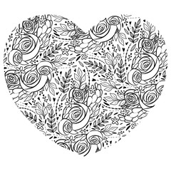 Coloring page with shape heart. Pattern in the heart with roses and leaves. Page for creative coloring page for children and adult.