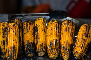 Grilled, roasted sweet corn ready to sell at a street food festival