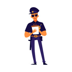 Cartoon police officer writing a ticket - serious man in blue uniform