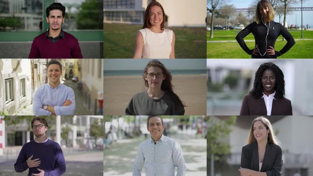 Collage of smiling friendly men and women standing outdoors. Split screen of multiethnic people in urban background