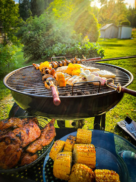 Assorted delicious grilled meat and vegetables over coal barbecue grill in sunny green garden.