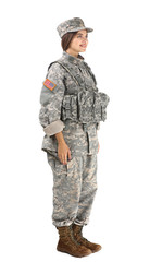 Young female soldier on white background