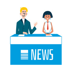 TV news show with news presenters characters flat vector illustration isolated.