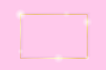 Gold shiny glowing vintage frame with shadows isolated on pink background. Golden luxury realistic rectangle border. Vector