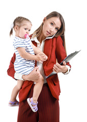 Working mother with little daughter on white background