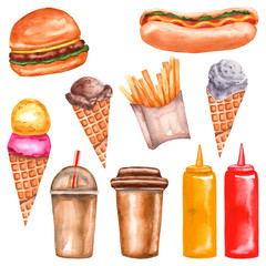 Watercolor fast food set. Street food - burger, french fries, hot dog, coffee, ice cream, shake, cocktail, ketchup, mustard. Illustration isolated on white background