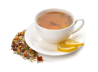 Cup of hot tea with lemon on white background