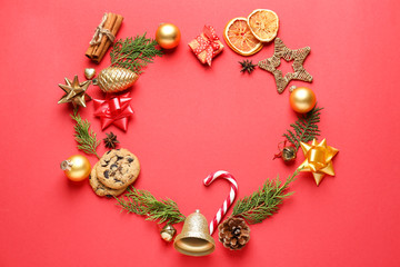 Beautiful composition with Christmas decor on color background