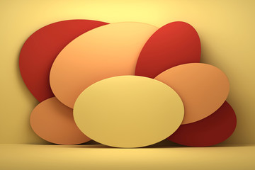 Geometric mockup with oval round blank shapes arranged in layers in yellow red colors. 3d illustration.