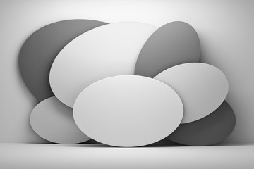 Geometric mockup with oval round blank shapes arranged in layers in monochrom colors. 3d illustration.