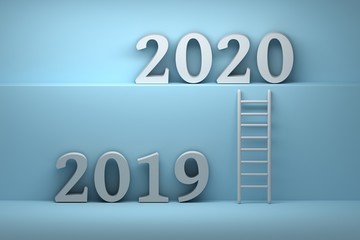 Concept way from 2019 to 2020 - future development business concept illustration. Ladder standing next to blue wall leading from year 2019 to year 2020. 3d illustration.
