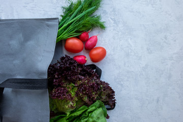 Colorful organic vegetables in green eco shopping bag - captured from above top view, flat lay . Black chalkboard blackboard as background.