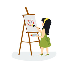 Cute little girl drawing and painting picture flat vector illustration isolated.