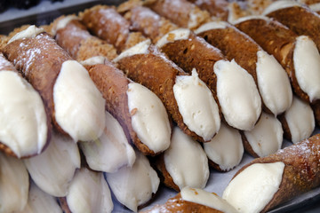 Group Of Fresh Tasty Baked Sweets At Market