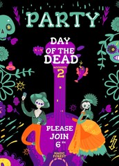Day of the Dead party invitation with skeletons man and woman vector illustration.