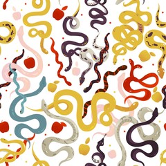 Snake types - cartoon seamless pattern with different colorful snakes.