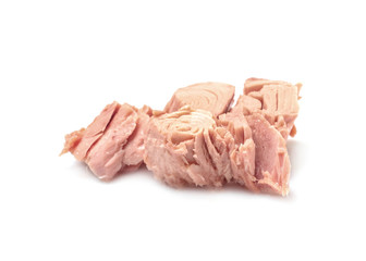 Pieces of canned tuna on white background