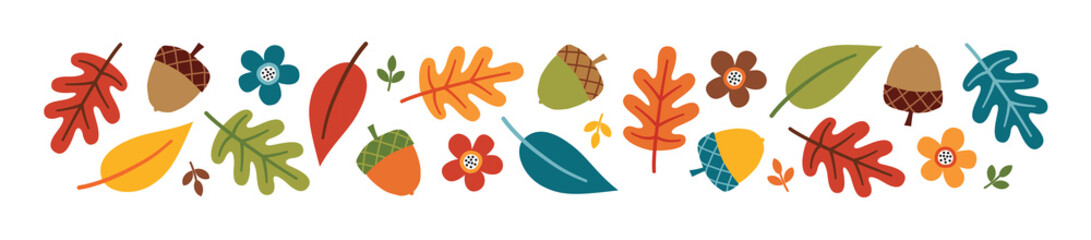 Fototapeta Vector autumn or fall banner with colorful autumn leaves, acorns and flowers, isolated on white. Cute kawaii border with seasonal elements in flat style for Thanksgiving, web or print advertising. obraz