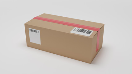 Brown parcel box with abstract barcode and red tape. isolate on white background