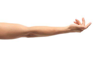 Young man held out hand on white background, closeup