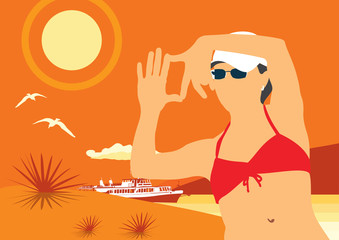 The girl draws the Orange sea. The girl in the cap is engaged in drawing on the beach.