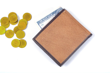 Brown leather pocket money ,financial concept.