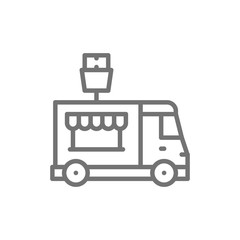 French fries truck, fast food vehicle line icon.