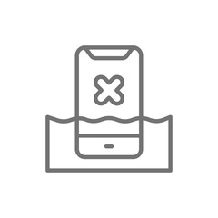 Smartphone in water, liquid damaged phone line icon.