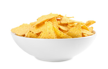 Bowl with tasty Mexican nachos chips on white background