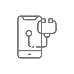 Phone with stethoscope, smartphone repair, doctor online line icon.