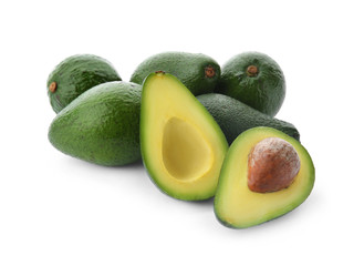 Ripe avocados on white background. Tropical fruit