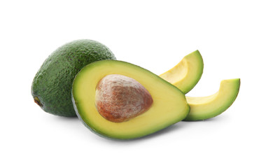 Ripe avocados on white background. Tropical fruit