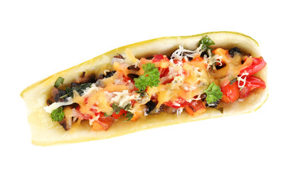 Delicious baked stuffed zucchini on white background, top view