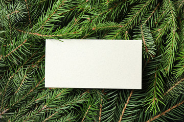 Blank card on fir tree branches, top view. Space for text